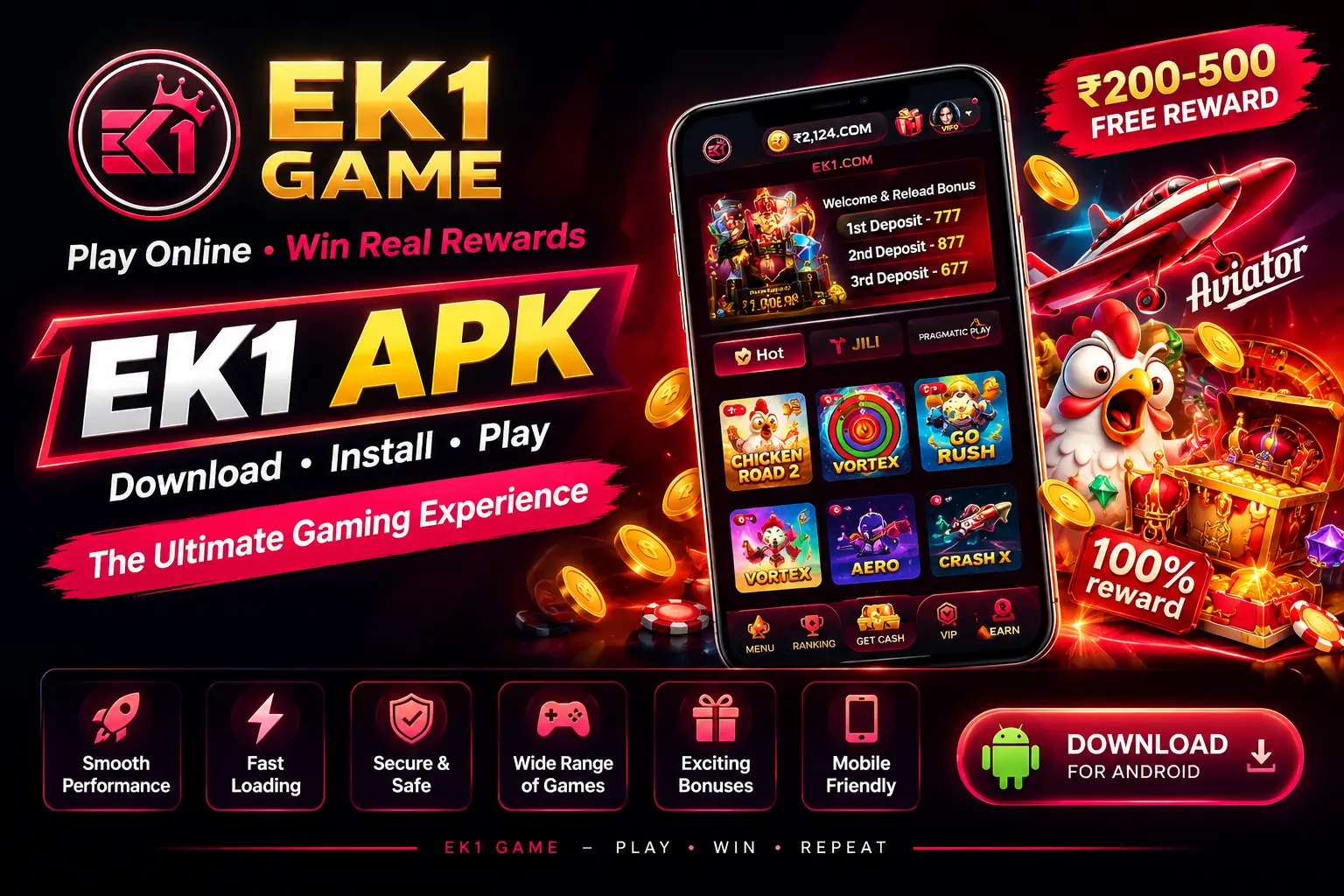 EK1 APK Android app featured illustration showing EK1 branding, sign-up screen and game lobby