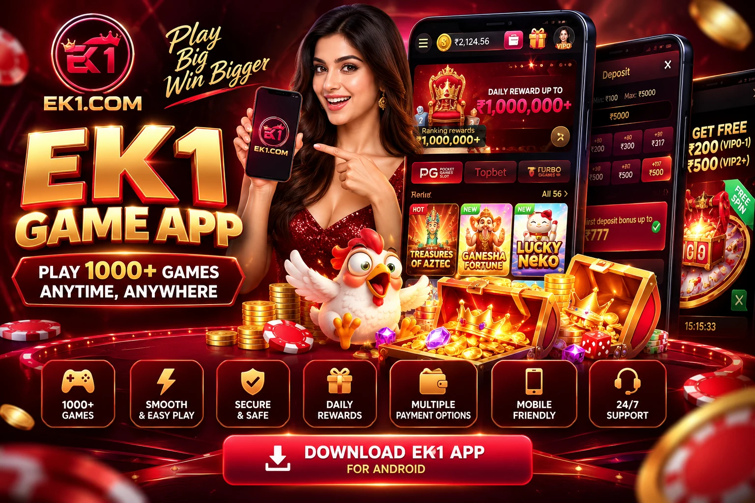EK1 Game App illustrated feature overview showing the mobile game lobby, categories, rewards and navigation