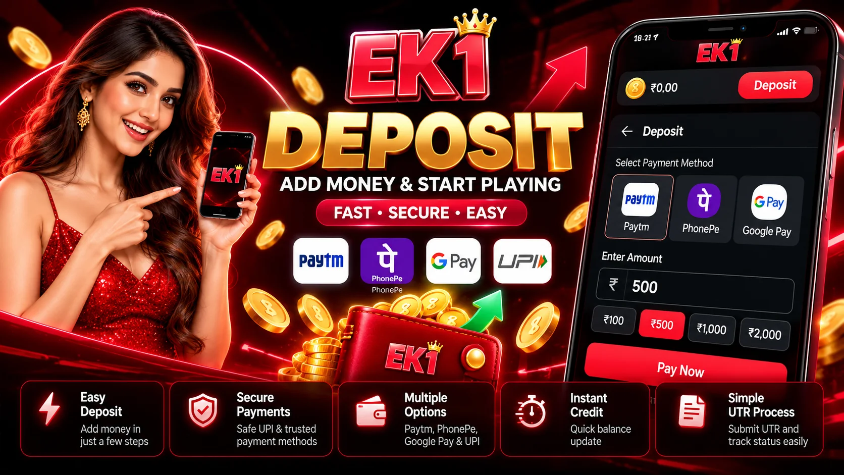 EK1 Deposit guide featured artwork showing payment options, wallet balance and UTR transaction reference process