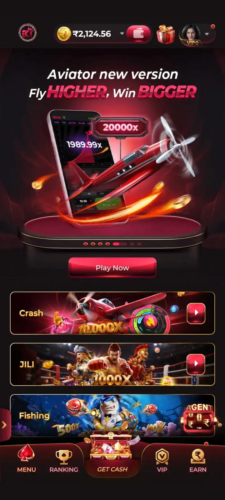 EK1 Game mobile app screen showing available games and promotional options