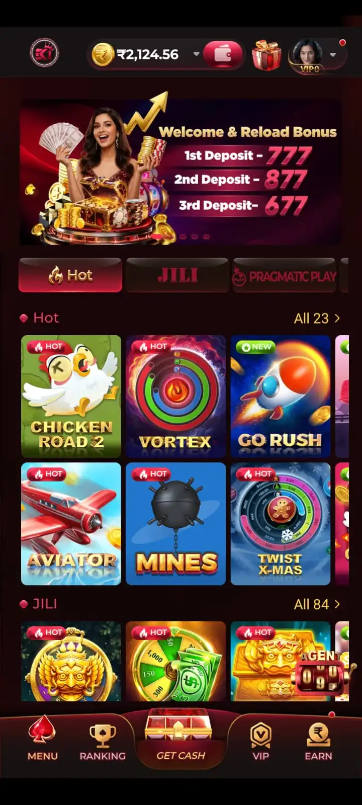 EK1 Game live casino game selection displayed in the Android interface