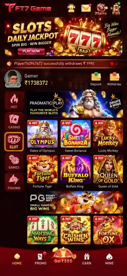 FT7 Game slots screen with jackpot games, online play, win, bonus and reward